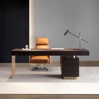 Minotti Brand Desk Solid Wood Smoked Veneer & Stainless